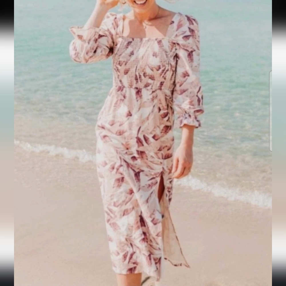 House Of Harlow 1960 Linen Viscose Floral Boho Smocked Midi Dress
